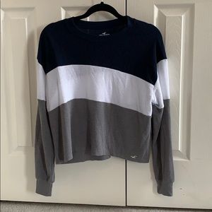 navy, white, and grey long sleeve